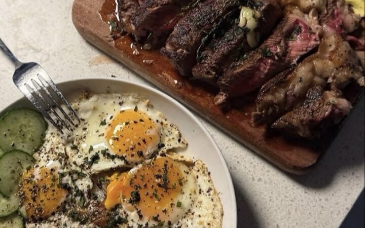 grilled steak and charred vegetable plate